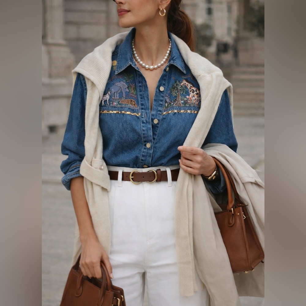 Vintage Safari Embroidered Denim Jacket | Animal Scene | Oversized